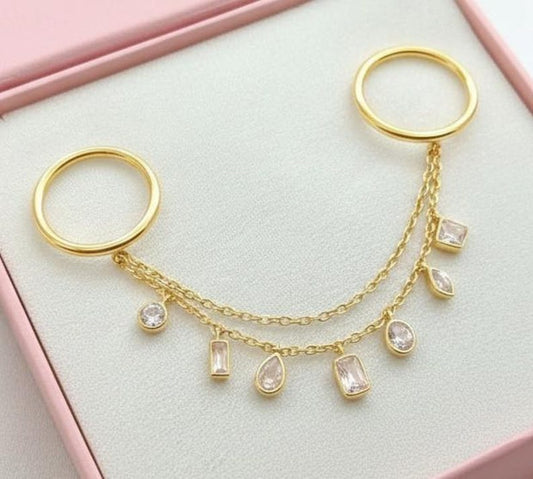 Multi-Shape Diamond Chain Band Ring, 14k Yellow Vermeil Two Finger Ring 1