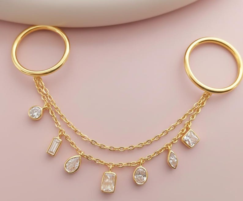 Multi-Shape Diamond Chain Band Ring, 14k Yellow Vermeil Two Finger Ring 7