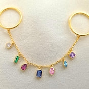 Multi Shape Multi gemstone Two Finger Chain Drop Tassel Band Ring in 925 silver 2