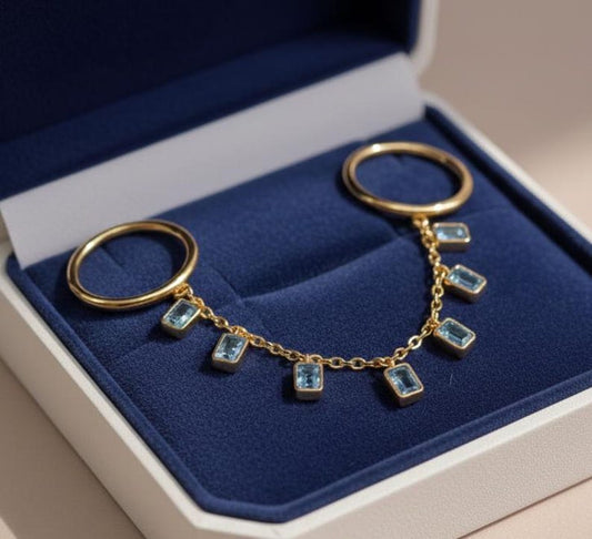 Octagon Aquamarine Drop Two Finger Chain Ring, 14k Gold Double Handmade Wedding Band 1