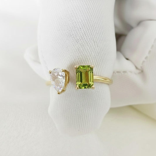 Octagon Peridot Diamond Toi et Moi Ring | 14k Gold Vintage Two Stone Ring devikajewels
