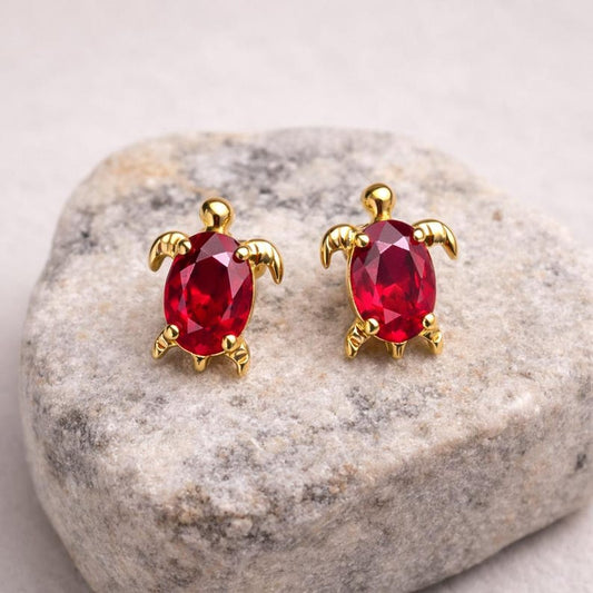 Oval Ruby Turtle Stud Earrings Gold Plated Gemstone Earrings for Women 2