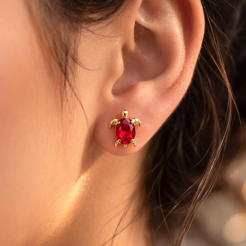 Oval Ruby Turtle Stud Earrings Gold Plated Gemstone Earrings for Women 4