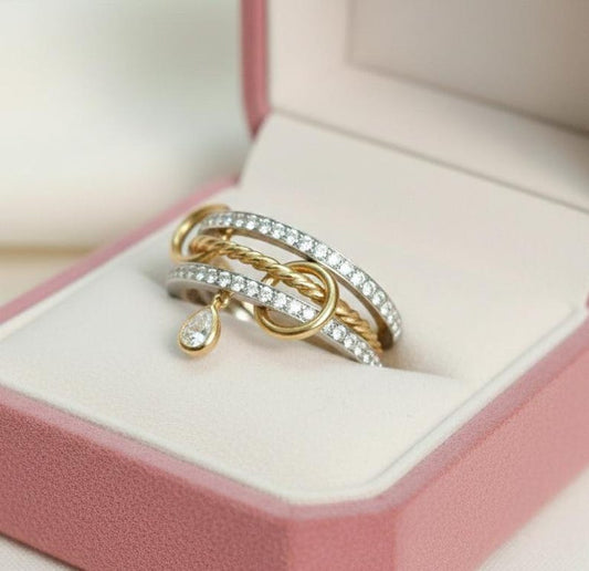 Pear Diamond Interlocking Ring, 14k Gold Drop Tassel Band 2