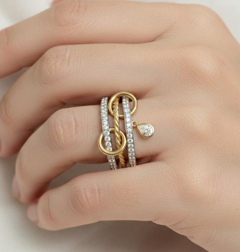 Pear Diamond Interlocking Ring, 14k Gold Drop Tassel Band 4