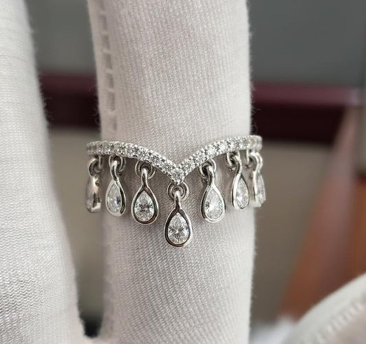 Pear Diamond Tassel Ring, 925 Sterling Silver Chevron Band -devika gems jewels