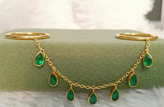 Pear Emerald Drop Tassel Double Finger Chain Ring, 925 Silver - devika gold ring