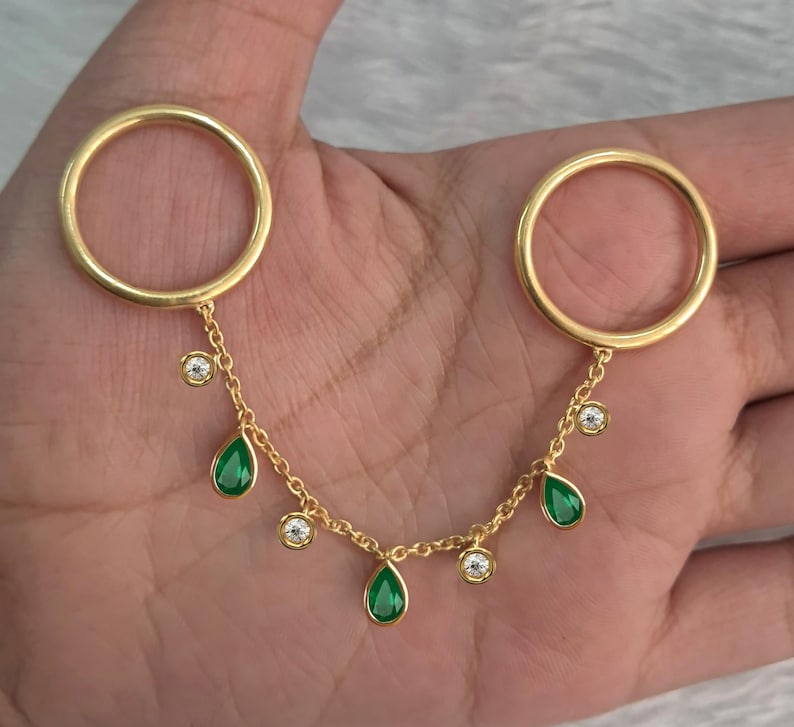Pear Emerald and Round Diamond Drop Chain Ring 2