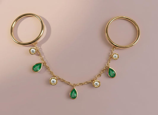 Pear Emerald and Round Diamond Drop Chain Ring 4