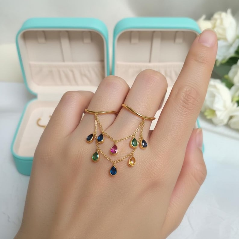 Pear Multi Sapphire Tassel Drop Chain Ring 925Sterling Silver Two Finger Ring