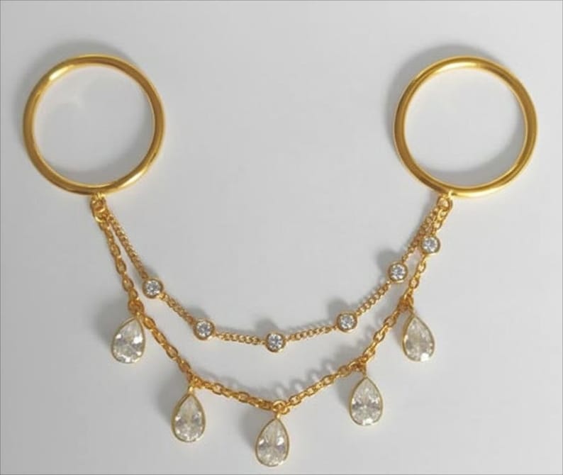 Pear Multi Sapphire Tassel Drop Chain Ring 925Sterling Silver Two Finger Ring