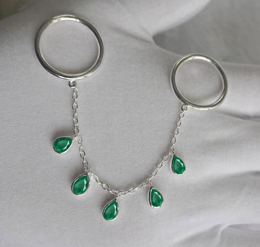 Pear Zambian Emerald Two Finger Ring, 14k Solid silver Dangle Chain Ring devika