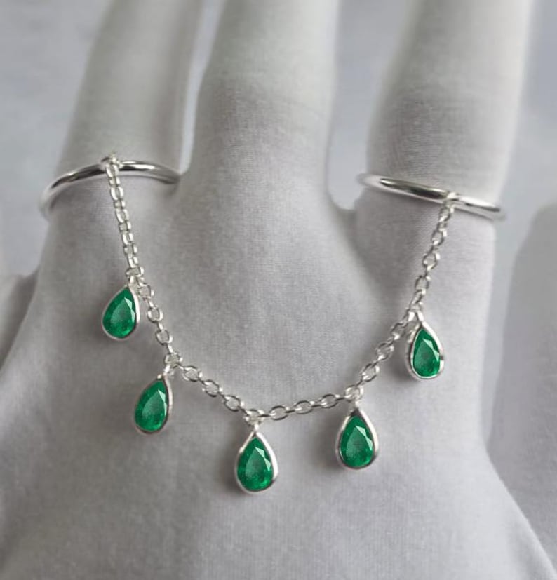 Pear Zambian Emerald Two Finger Ring, 14k Solid silver Dangle Chain Ring- gemsjewels ring