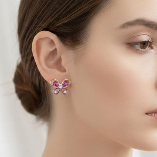 Pink Butterfly Stud Earrings Brass Gold Plated CZ Dainty Valentine Gift For Her 2