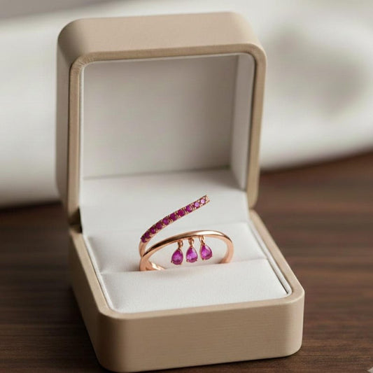 Pink Ruby CZ Spiral Drop Ring Gold Plated Adjustable Handmade 1