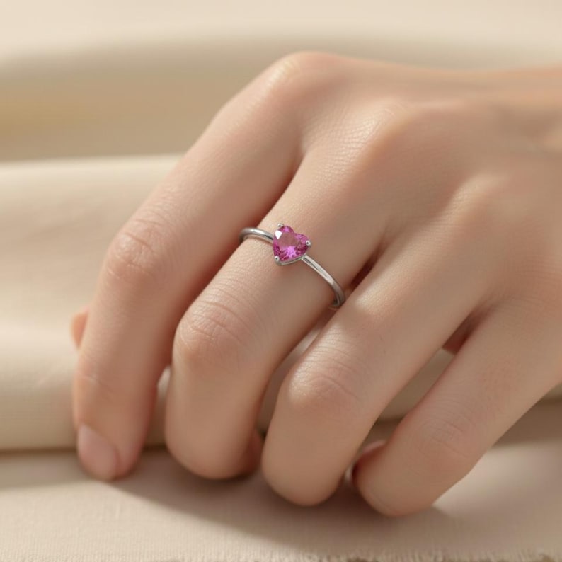 Pink Ruby Heart Ring | Sterling Silver, Ruby CZ Solitaire