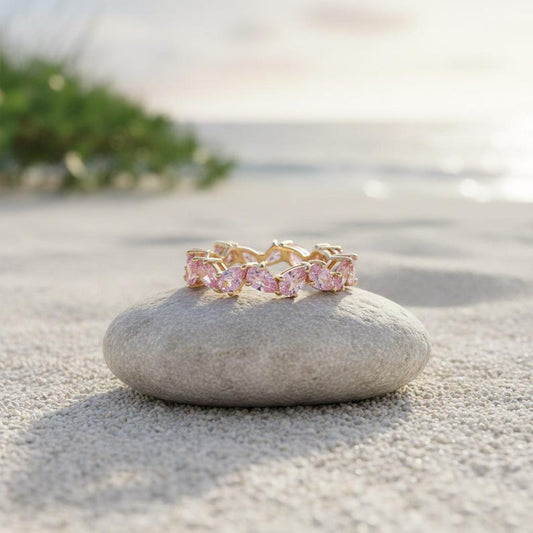 Pink Sapphire Cluster Ring 925 Sterling Silver Wedding & Engagement Stacking Band | 14k Yellow Gold Plated Pear Cut Ring for Women 2