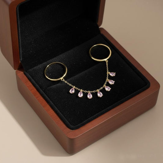 Pink Sapphire Drop Chain Ring 925 Sterling Silver Dangle Ring Two Finger Handmade Jewelry 2