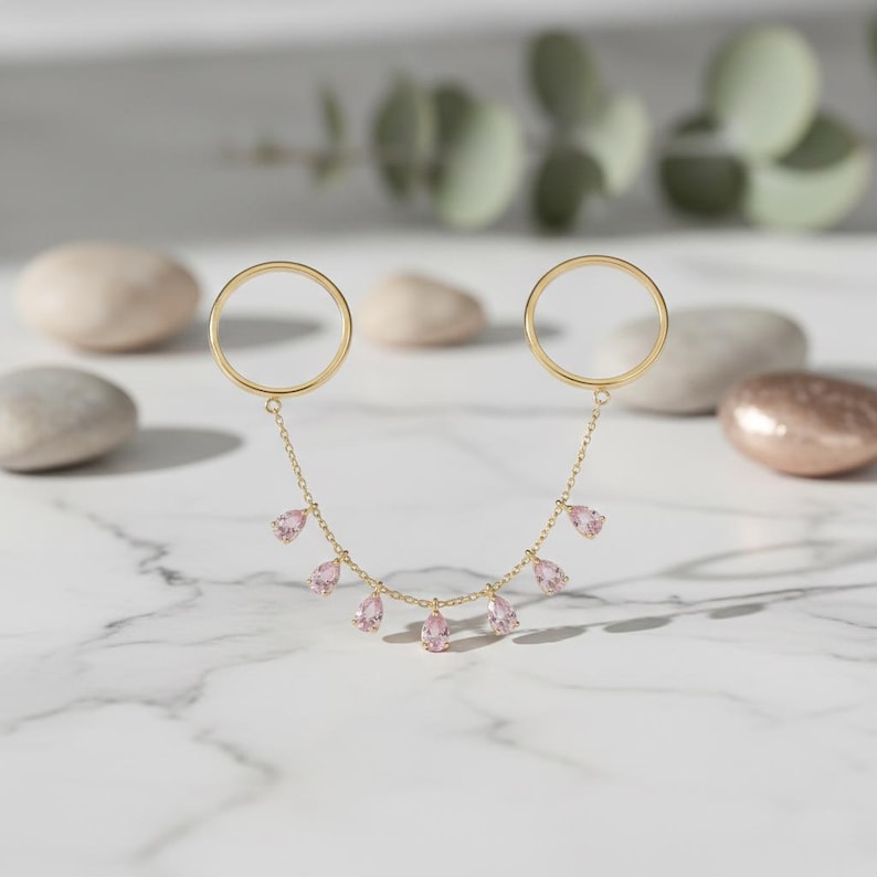 Pink Sapphire Drop Chain Ring 925 Sterling Silver Dangle Ring Two Finger Handmade Jewelry 4