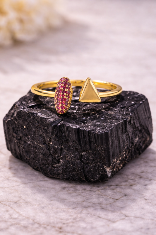 Ruby CZ Pave Triangle Ring Brass Gold Plated Adjustable Bypass Ring 1