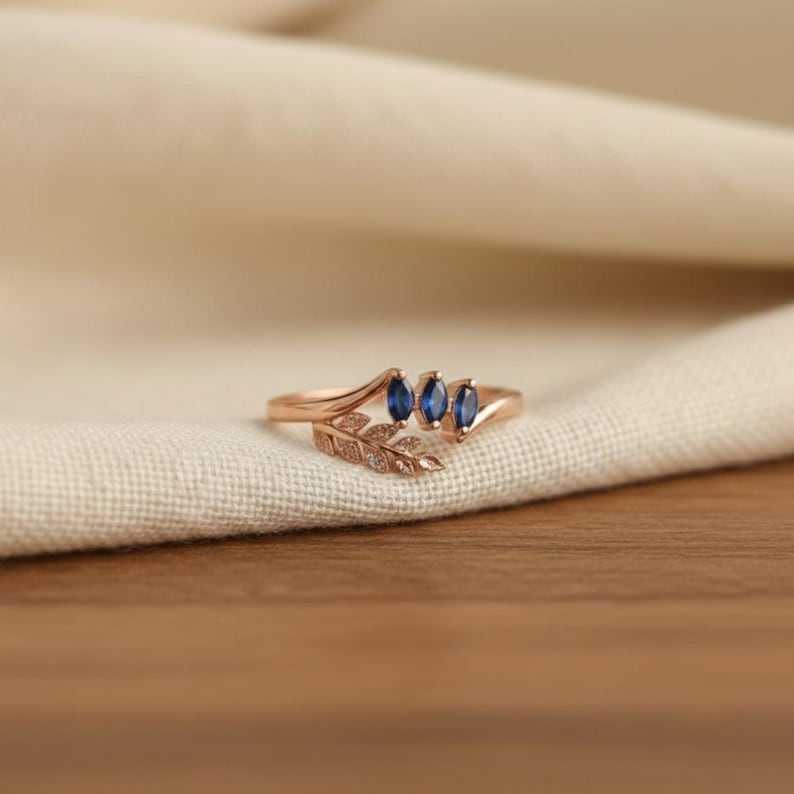 Sapphire Leaf Marquise CZ Ring Brass Gold Plated Handmade Nature Ring 3