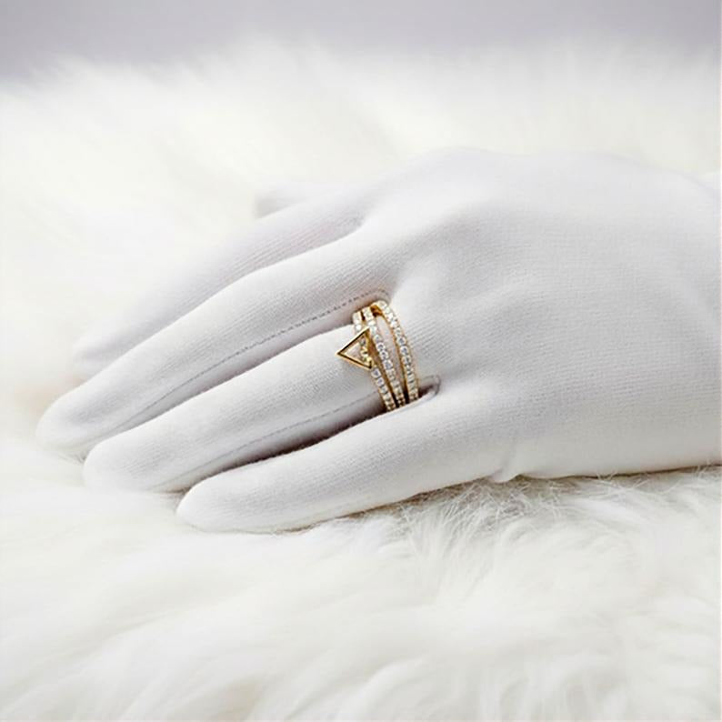 Triangle Diamond 14k Gold Ring Pave Interlocking Stacking Rings devikagems