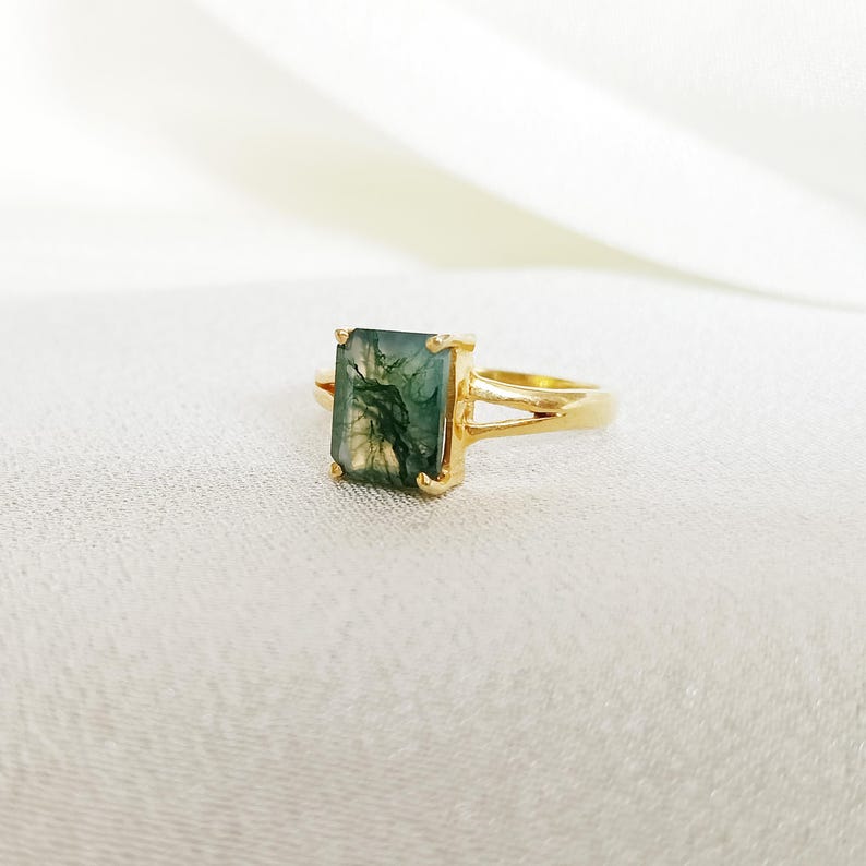 Wedding Solitaire Moss Agate Ring – Vintage Octagon Cut Engagement Ring in 14k Yellow Gold Plated 925 Sterling Silver | Unique Green Gemstone Proposal Ring for Women devikajewels