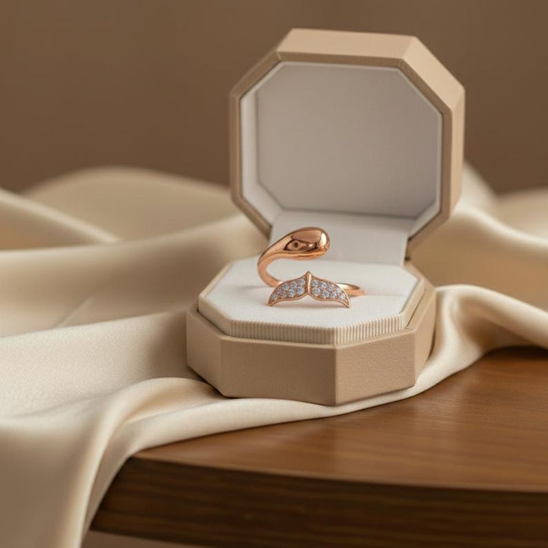 Whale Tail Ring Gold Diamond Ocean Adjustable Wrap 14K Yellow Gold 2