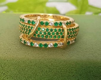 Emerald Three Interlocking Ring, Spinner Connected Multi Linked 925 Silver Ring