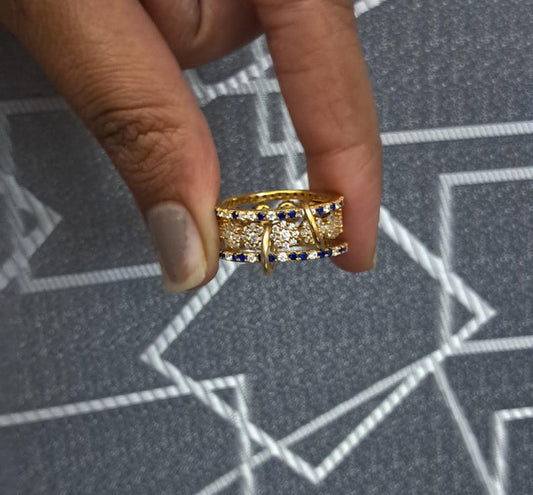 Blue Sapphire Diamond Interlocking Chunky Trio Band Ring in 925 Sterling Silver