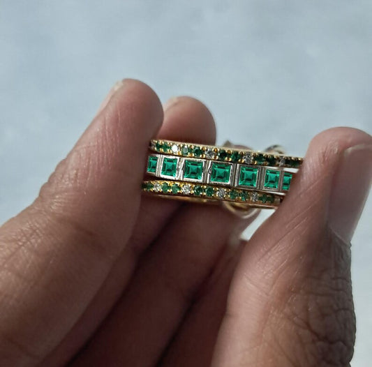 Emerald Stacking Ring with Micro Pave Diamond in 925 Sterling Silver