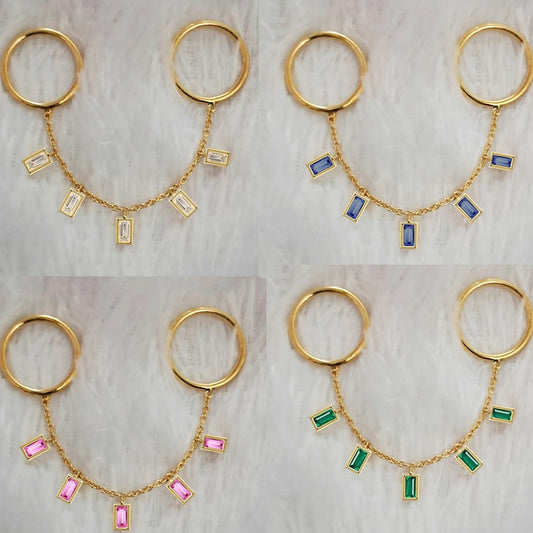 Two Finger Chain Ring with Pink Sapphire in Solid 14K Gold – Baguette Cut Dangle Design