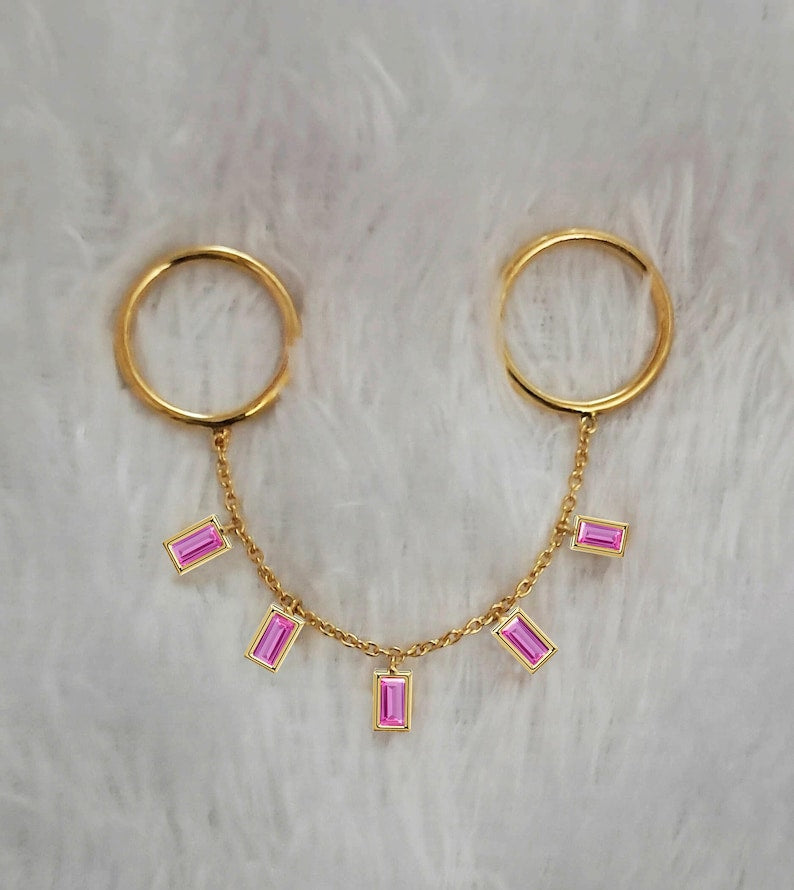 Two Finger Chain Ring with Pink Sapphire in Solid 14K Gold – Baguette Cut Dangle Design