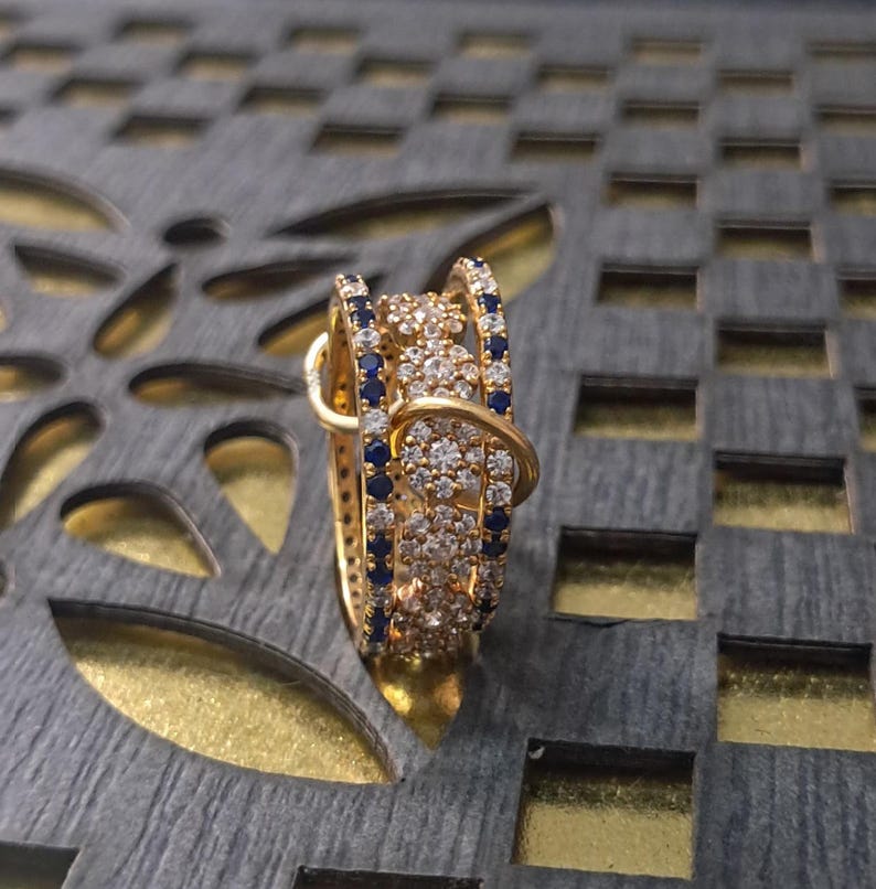 Blue Sapphire Diamond Interlocking Chunky Trio Band Ring in 925 Sterling Silver