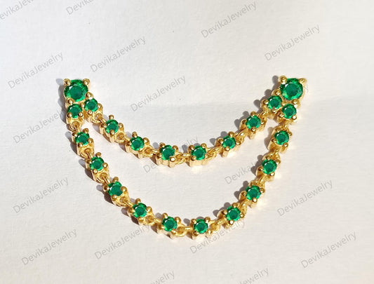 14K Yellow Plated Emerald Chain Stud Earrings – Double Layer Two Piercing Drop Design