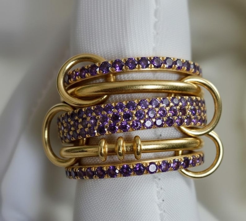 Amethyst Five Interlocking Spinner Ring in 14K Gold – Multi Linked Band New Year Handmade Gift