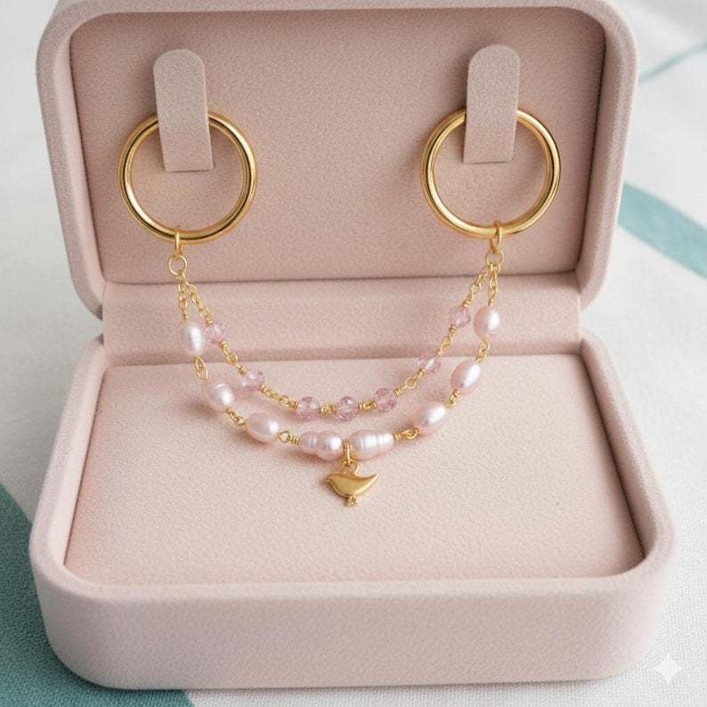 Brass Double Chain Oval CZ Two Finger Ring – Minimal Gold Statement Jewelry for Women