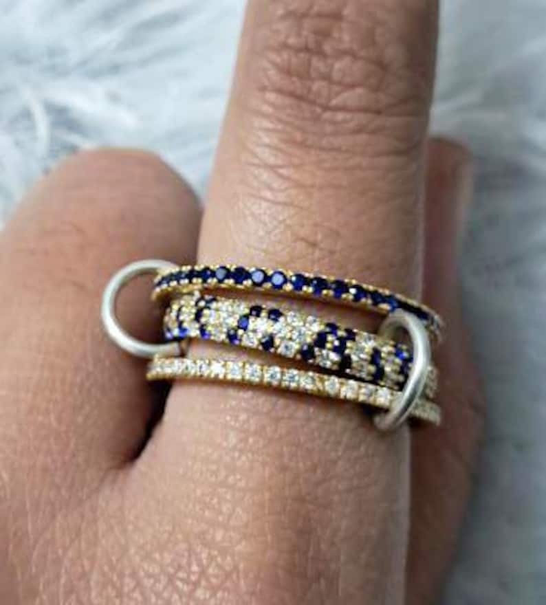 14K Gold Multi Band Ring – Blue Sapphire Connected Interlocking Stacking Rings for Women 4