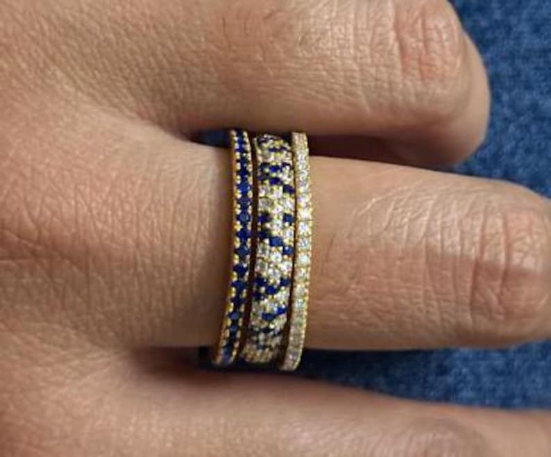 14K Gold Multi Band Ring – Blue Sapphire Connected Interlocking Stacking Rings for Women 8