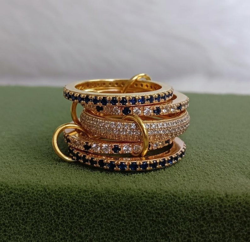 14k Gold Blue Sapphire Diamond Ring, Chunky Interlocking Band 2