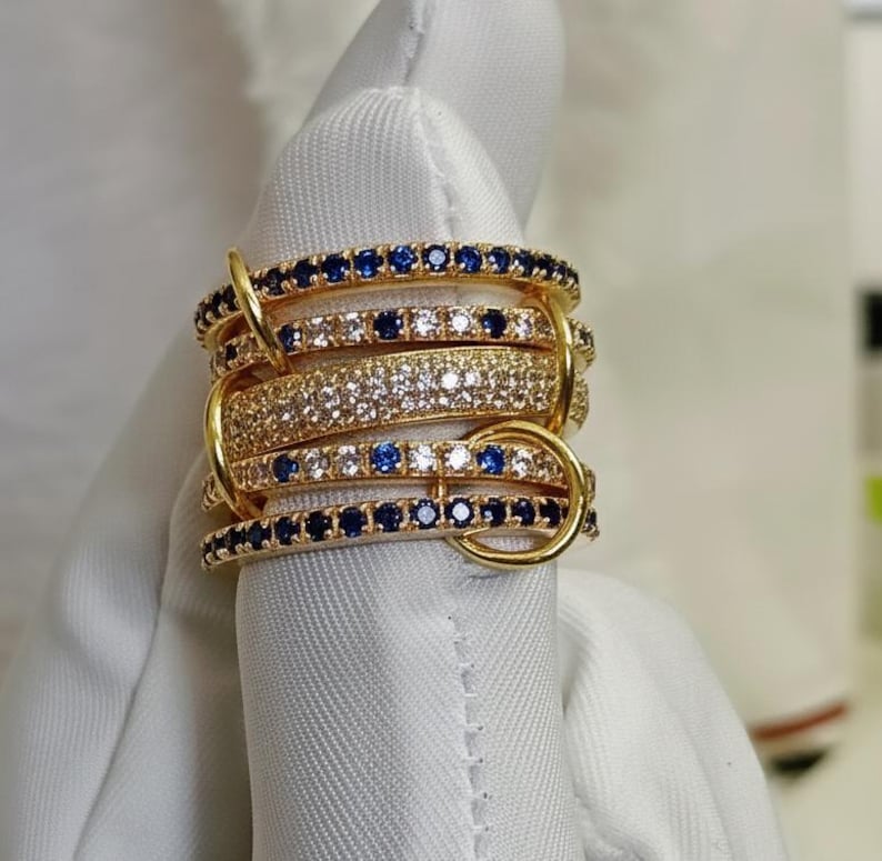 14k Gold Blue Sapphire Diamond Ring, Chunky Interlocking Band 3