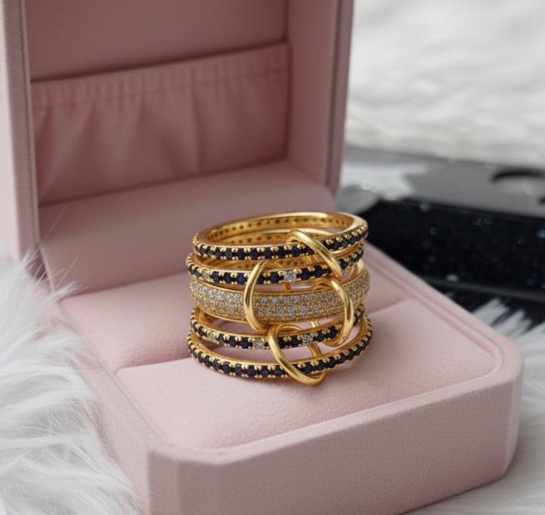 14k Gold Blue Sapphire Diamond Ring, Chunky Interlocking Band 4