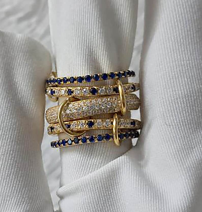 14k Gold Blue Sapphire Diamond Ring, Chunky Interlocking Band 7