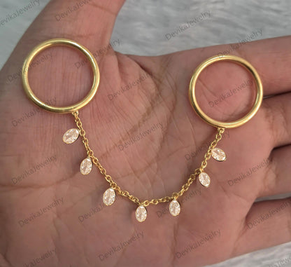 14k Gold Chain Drop Ring, Oval Diamond Dangling Two finger Double Band 1