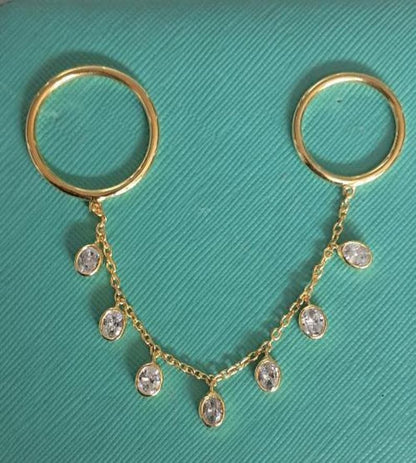 14k Gold Chain Drop Ring, Oval Diamond Dangling Two finger Double Band 2