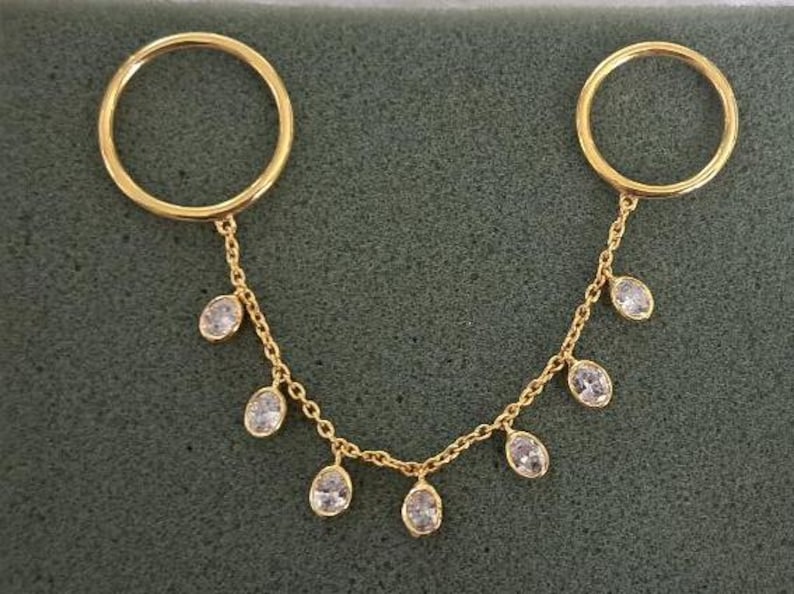 14k Gold Chain Drop Ring, Oval Diamond Dangling Two finger Double Band 3