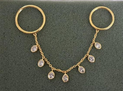 14k Gold Chain Drop Ring, Oval Diamond Dangling Two finger Double Band 3