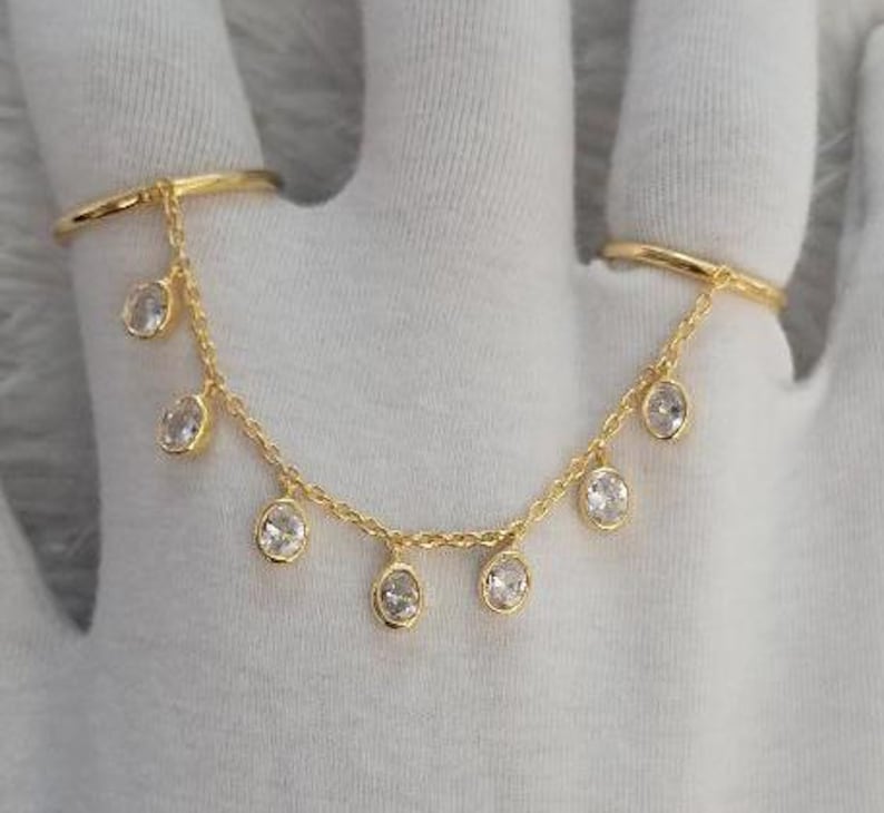14k Gold Chain Drop Ring, Oval Diamond Dangling Two finger Double Band 4