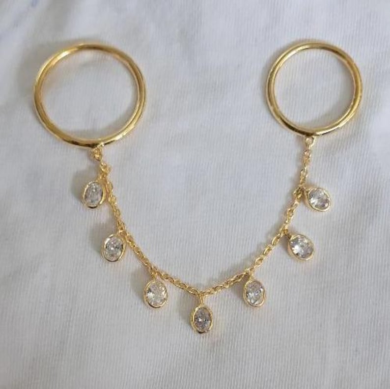 14k Gold Chain Drop Ring, Oval Diamond Dangling Two finger Double Band 5