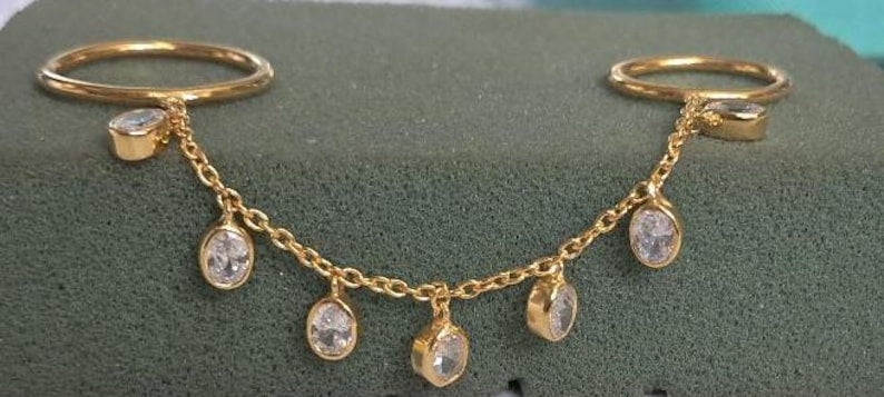 14k Gold Chain Drop Ring, Oval Diamond Dangling Two finger Double Band 6